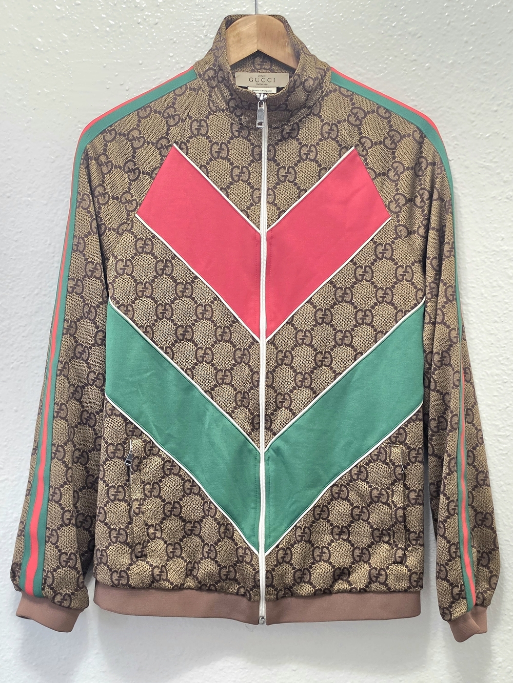 Gucci Brown Monogram Bomber Jacket with Green & Pink Chevron